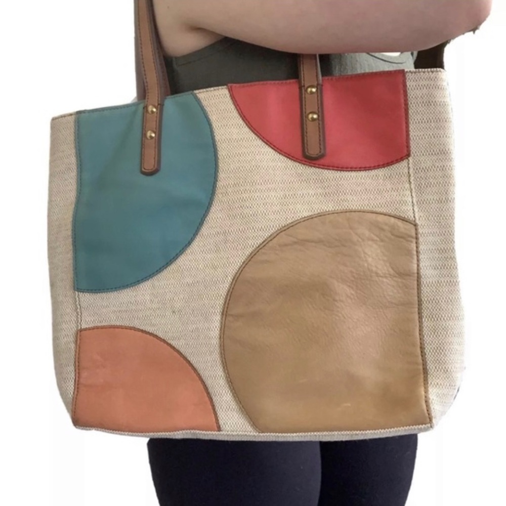Fossil Canvas Tote Leather Details 14x14 Excellent Pre-Owned - Picture 4 of 16